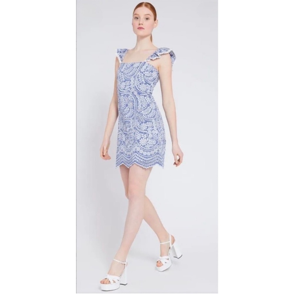 Alice + Olivia Honor Flutter Sleeve Cotton Eyelet Mini Dress Chambray White 10